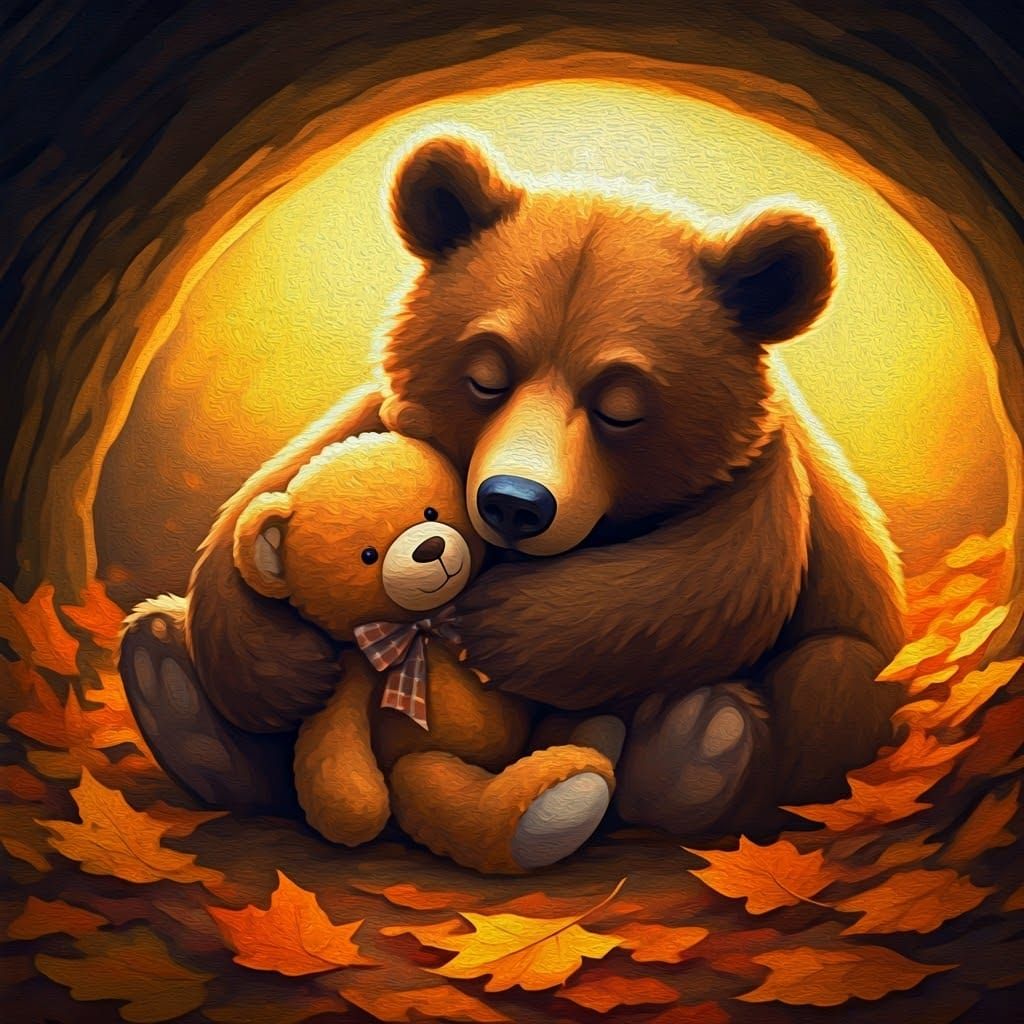 Baby Bear and Teddy in Autumn Den, Gouache Painting