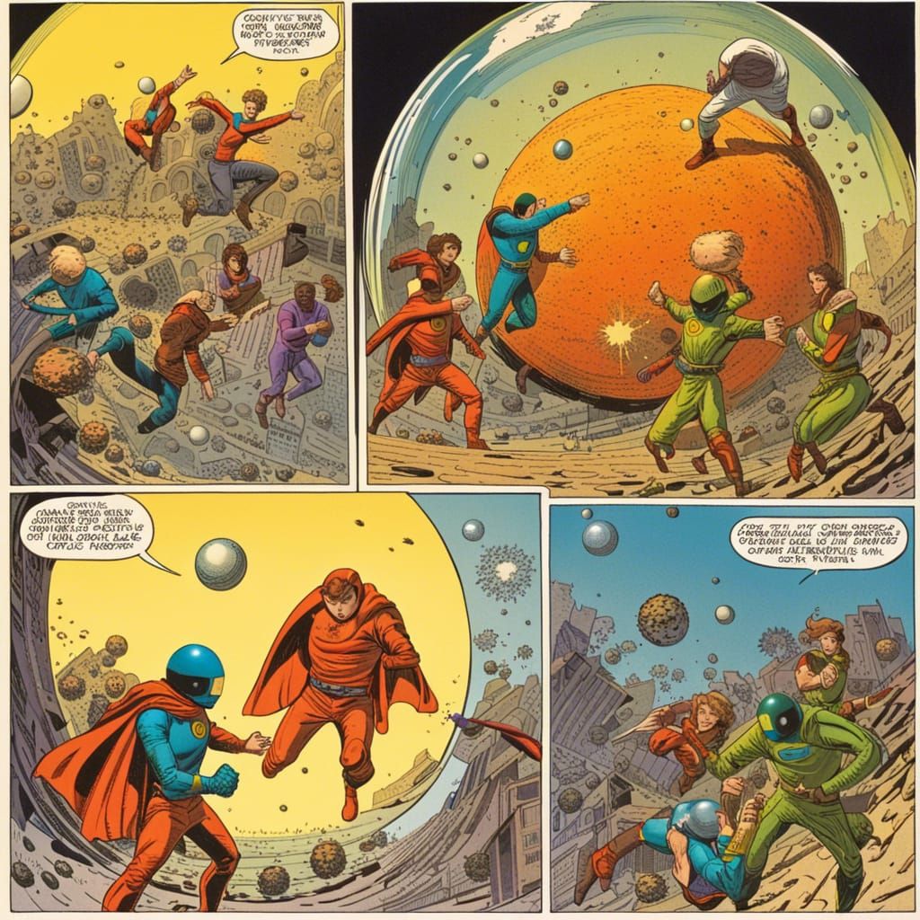 Spherical Superheroes Losing Battle in Sci-Fi Comic Style