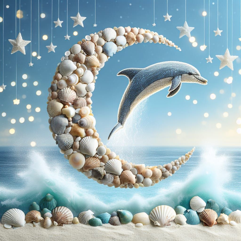 Seashell Moon with Leaping Dolphin and Stars