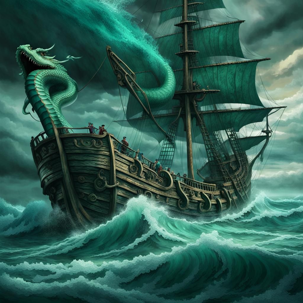 Turquoise Sea Serpent Coils Around Galleon in Storm