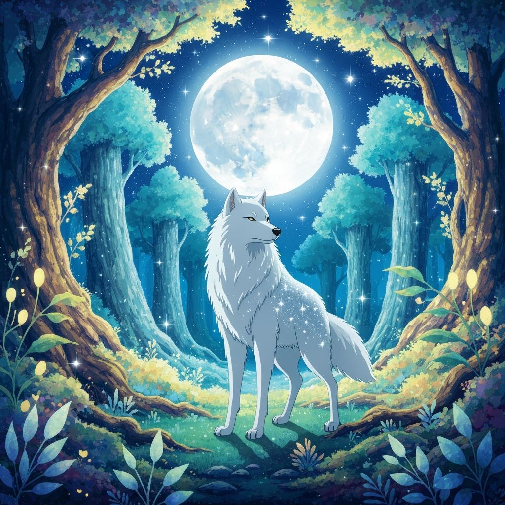 Ethereal White Wolf in Mystical Forest, Ghibli Style