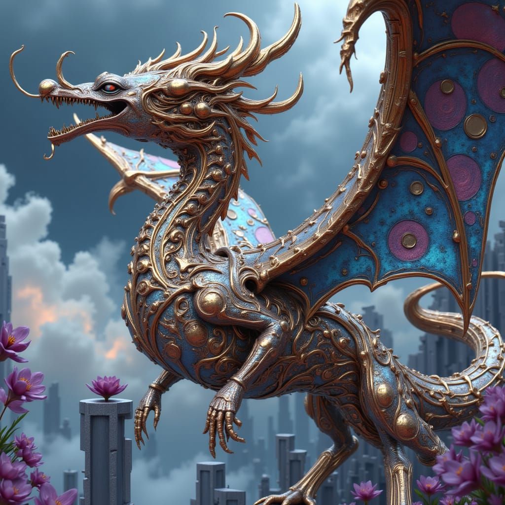 Steampunk Clockwork Dragon Soaring Through Sky