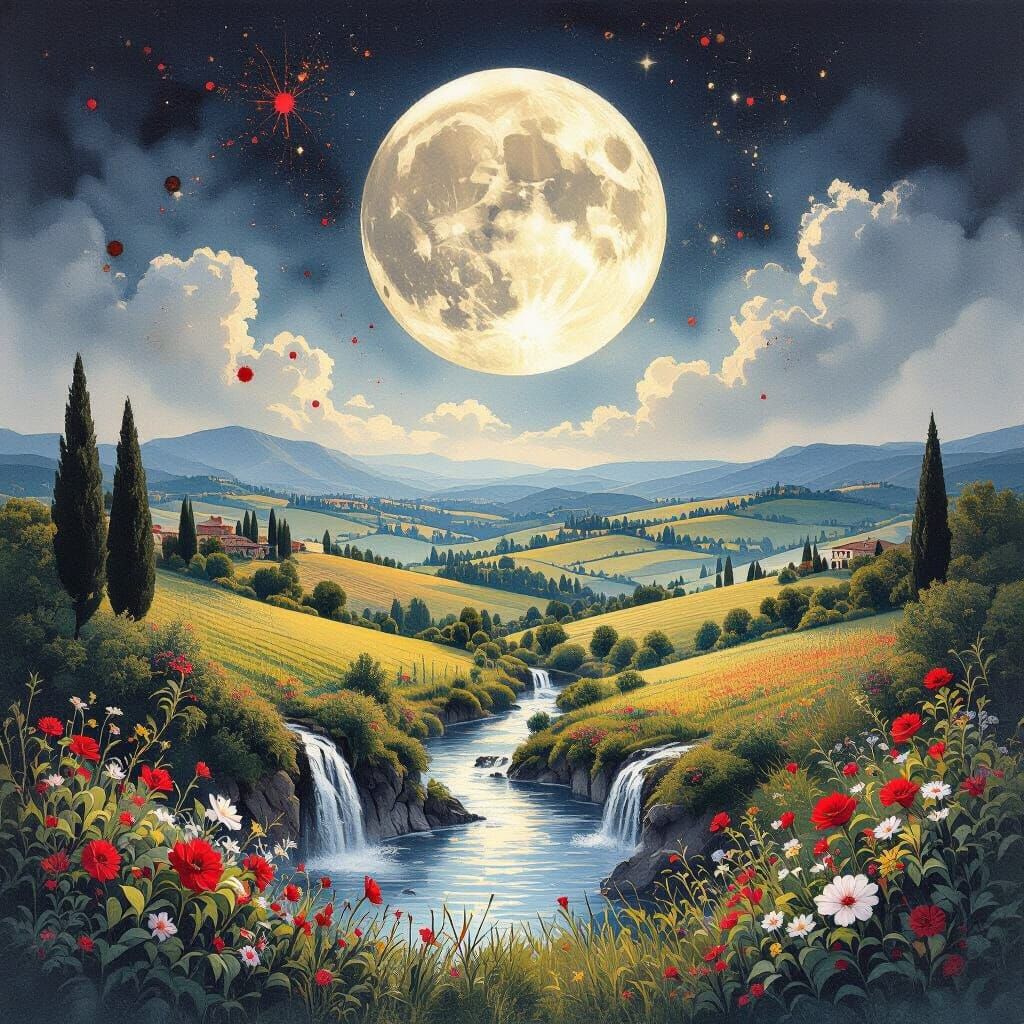 Tuscany Summer Landscape Painting with Moon and Waterfalls