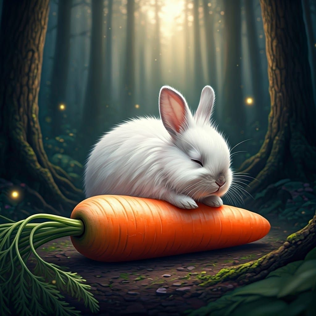 White Bunny Snoozes on Carrot in Fairy Forest