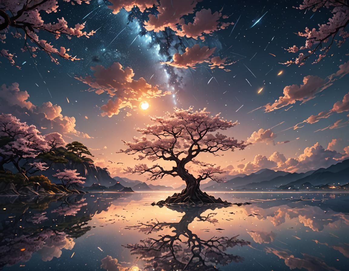 Surreal Sakura Tree Reflection in Starry Night Sky