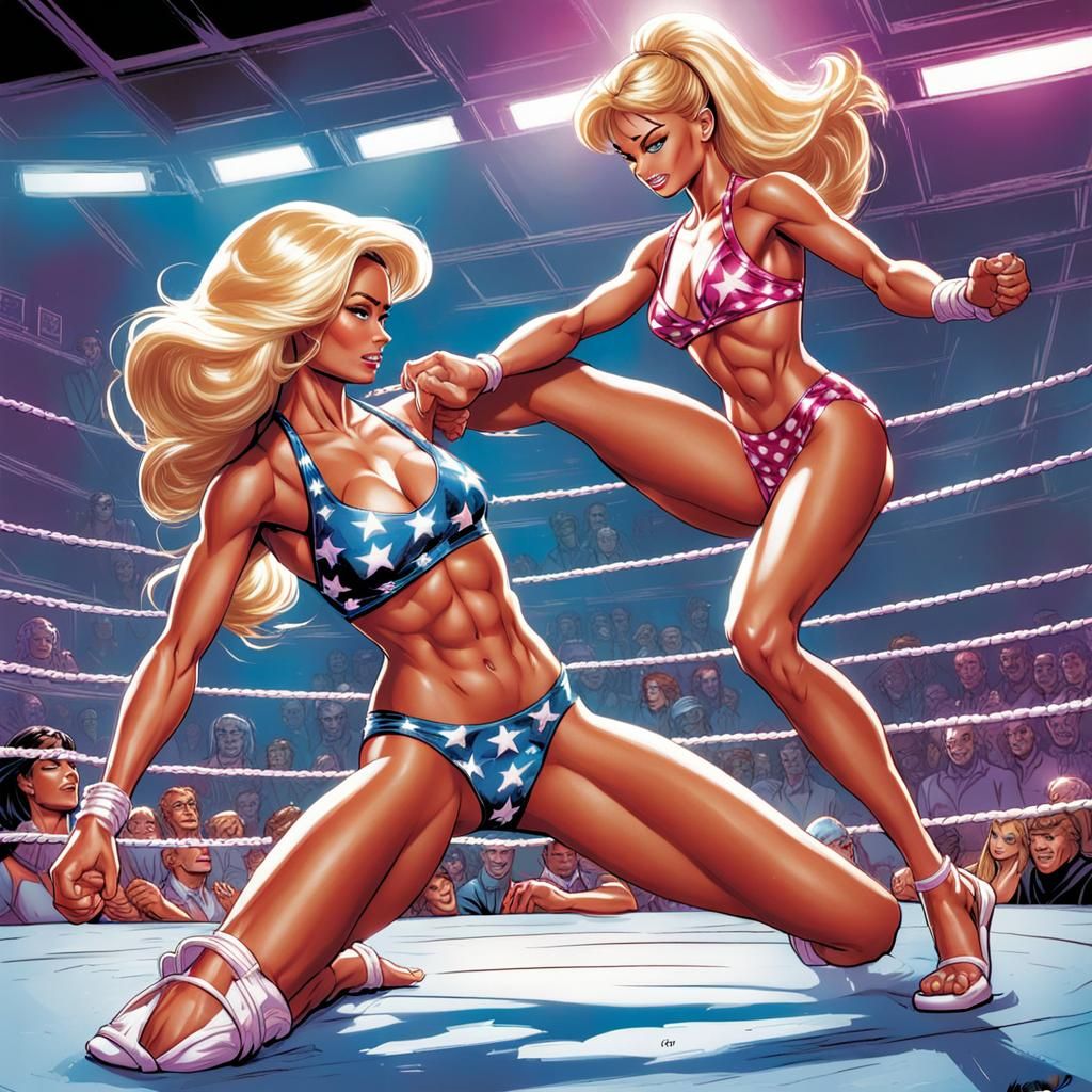 Bikini Wrestling Match in Comic Book Style