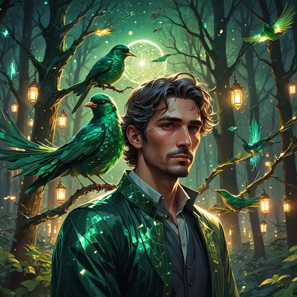 Emerald Bird and Forest at Night