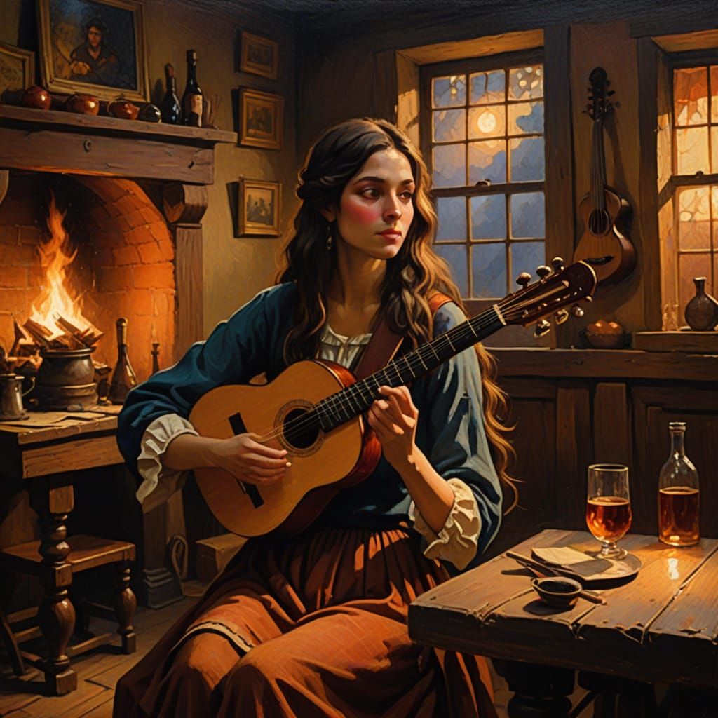 Fauvist Oil Painting of Half Elf Minstrel in Smoky Tavern