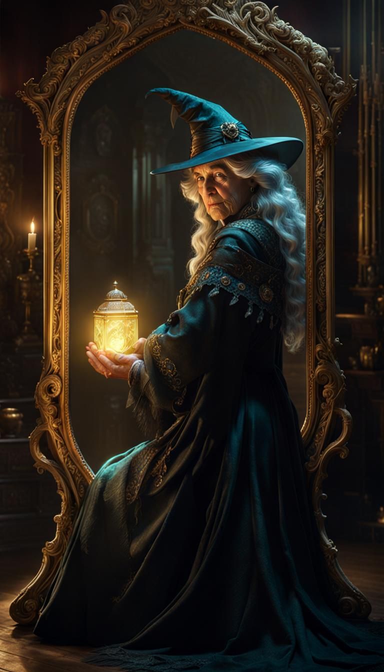 Witch and Magical Mirror in Dark Fantasy Style