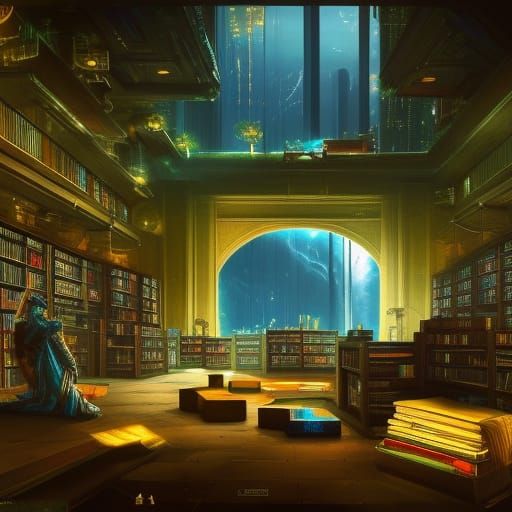 Cyberpunk Library with Sapphire Waterfall View