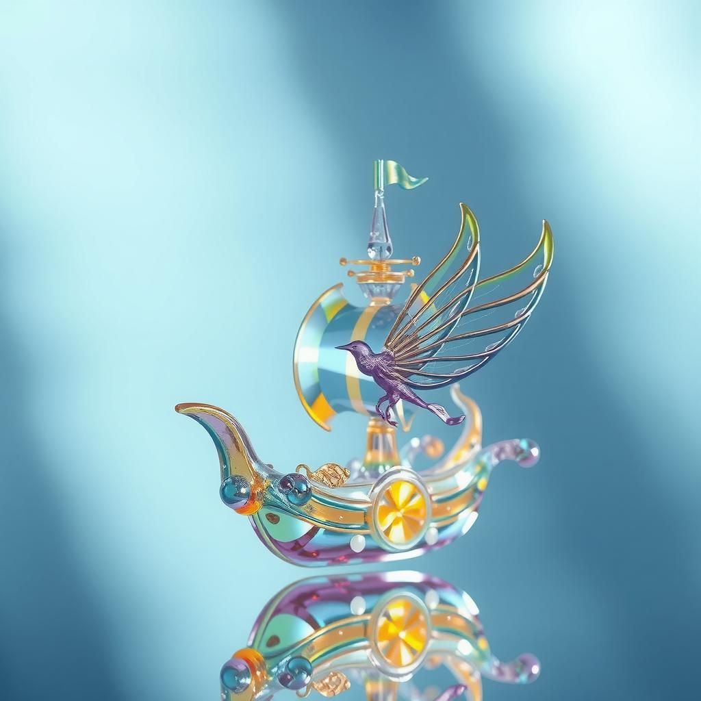 Intricate Glass Flying Ship with Rainbow Refractions
