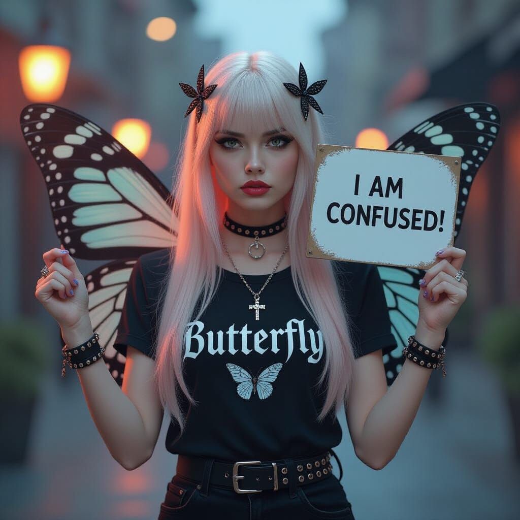 Woman with Butterfly Wings Holds Confused Sign