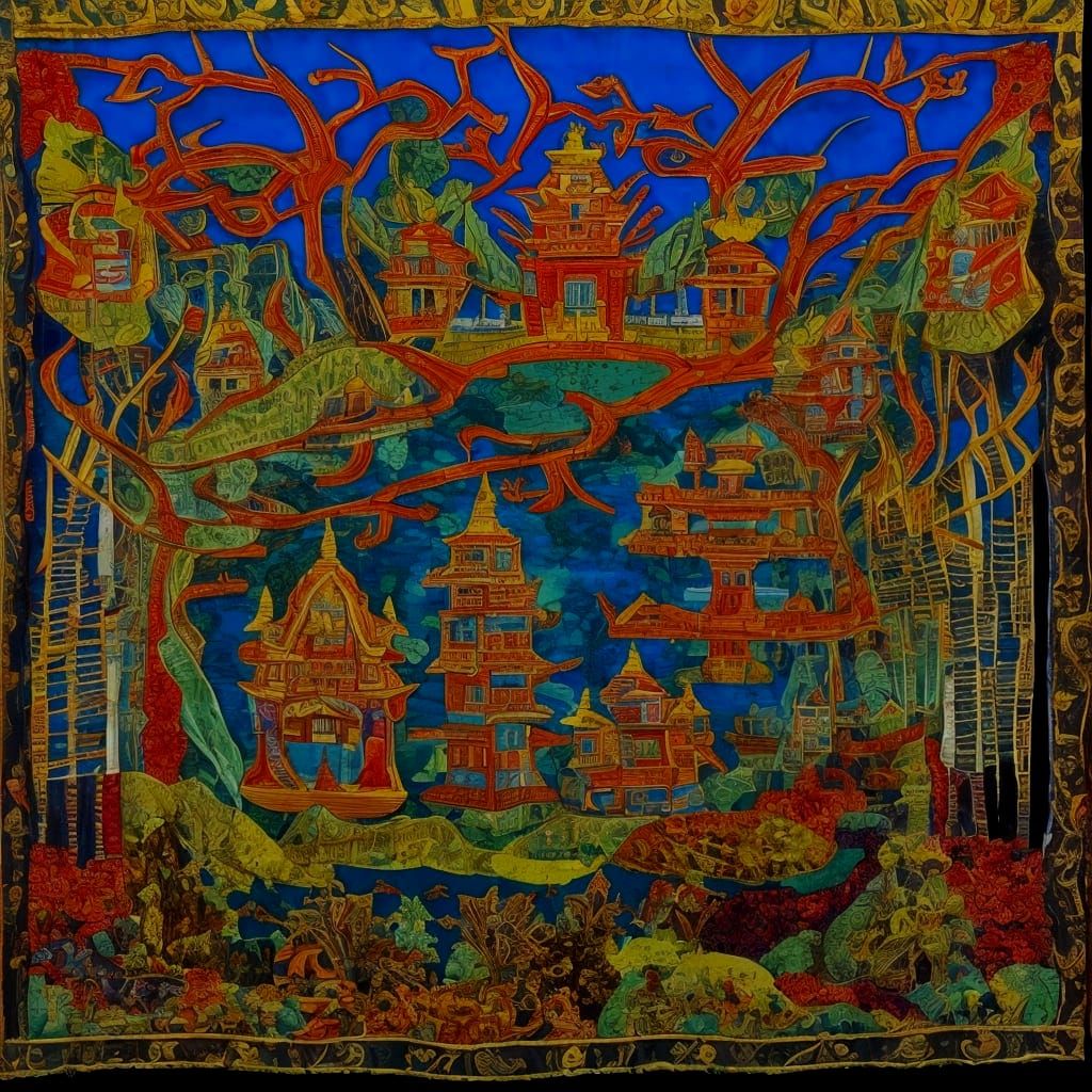 Bhutan forests and temples and tapestry