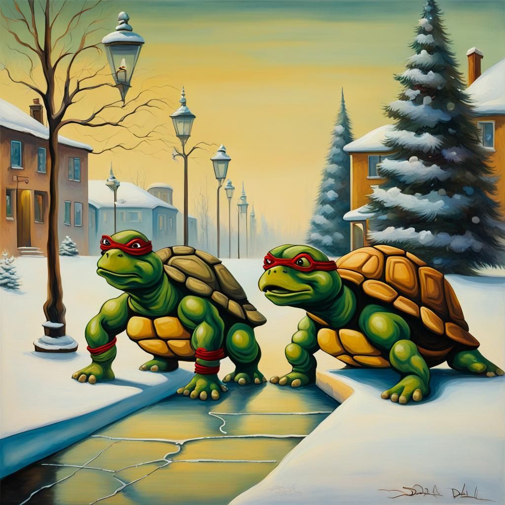 Ninja Turtles Walking Turtle-Dogs in Surreal Style