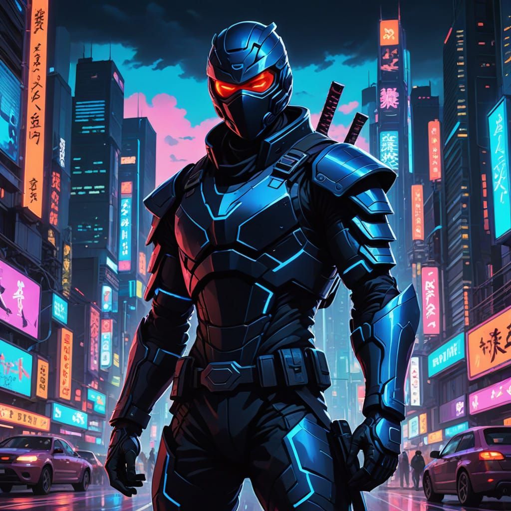 Cyberpunk Ninja Hero in Neon-Lit Cityscape