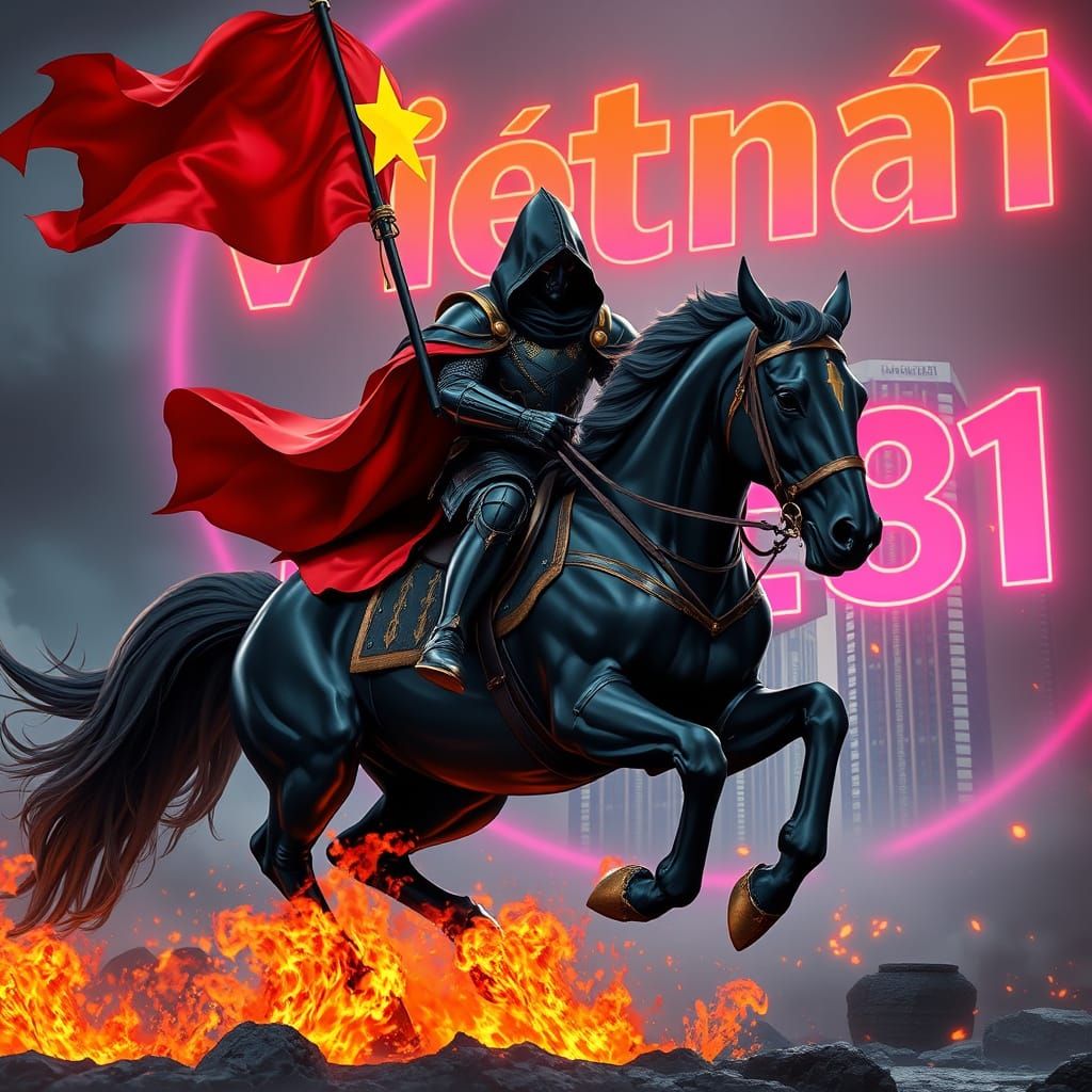Knight with Vietnamese Flag in Fiery Fantasy Landscape