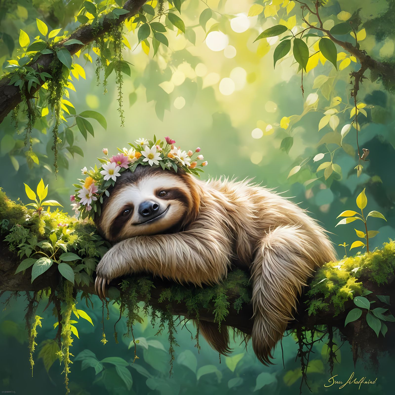 Sloth Naps Peacefully with Wildflower Crown in Rainforest