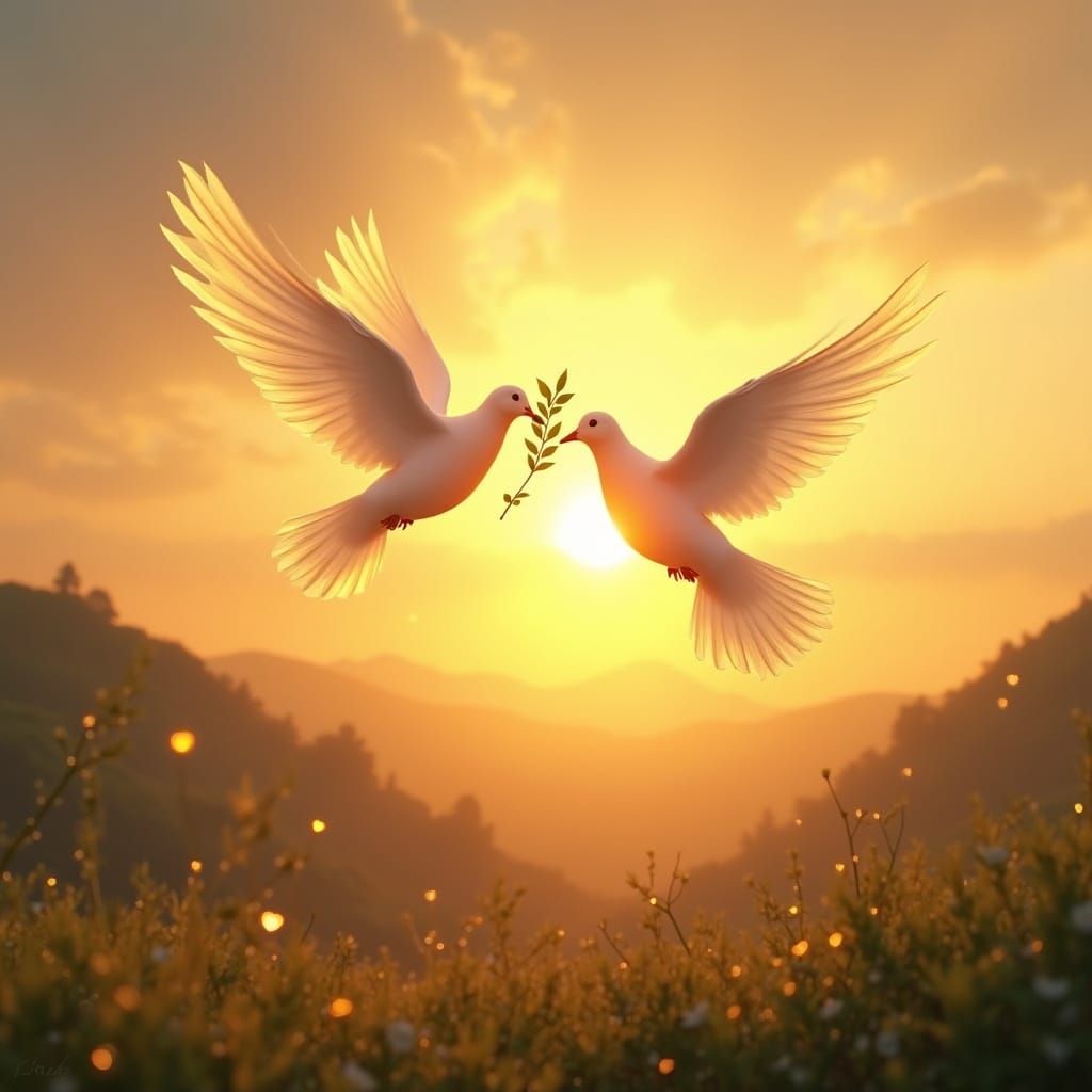 Golden Sunset Serenity with Silhouetted Doves and Olive Bran...