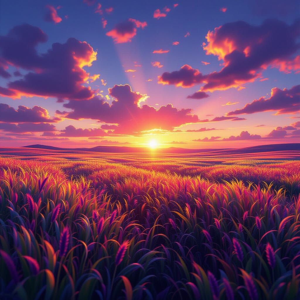 Rainbow Grass Field at Sunset: A Surreal Vista