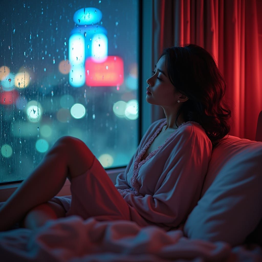 Woman in Bed: Neon City Lights, Cinematic Still