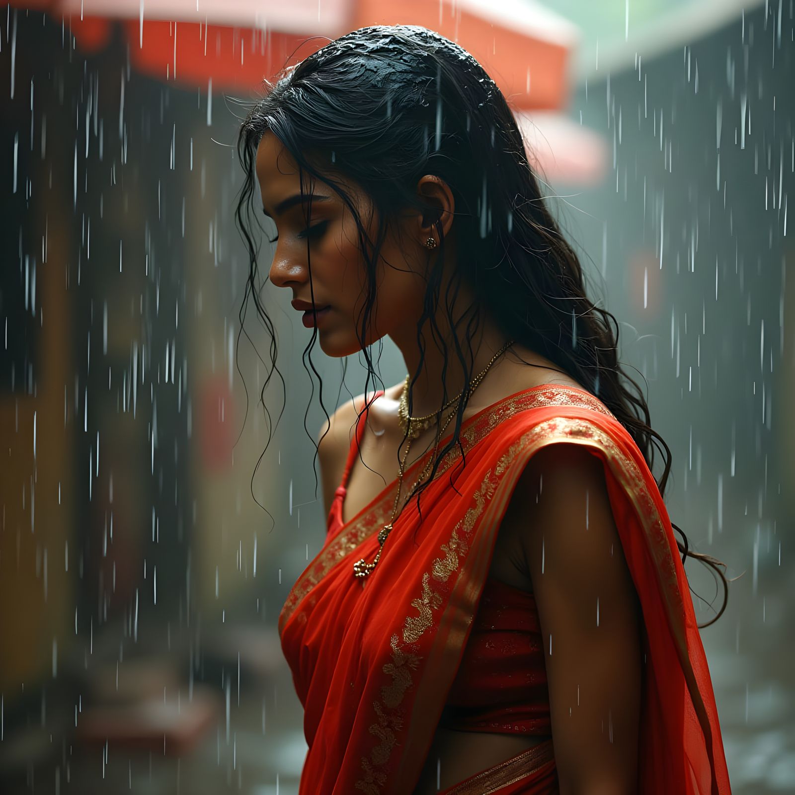 Hyperrealistic Indian Woman in a Vibrant Rainy Saree