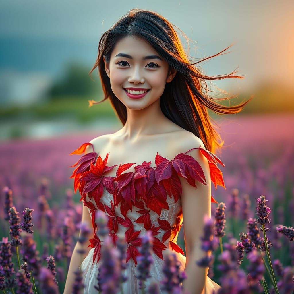 Japanese Woman in Red Leaf Dress Among Lavender
