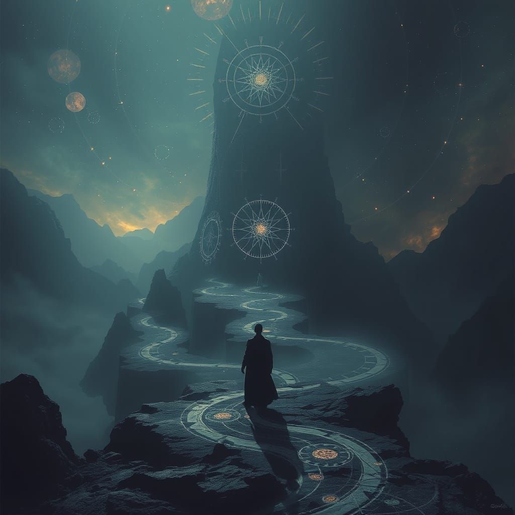 Eternal Figure Witnessing Creation Unfold in Dreamlike Style