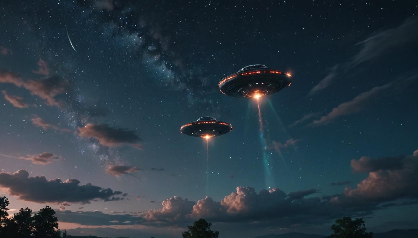 UFOs in Starry Night Sky: Cinematic Film Still