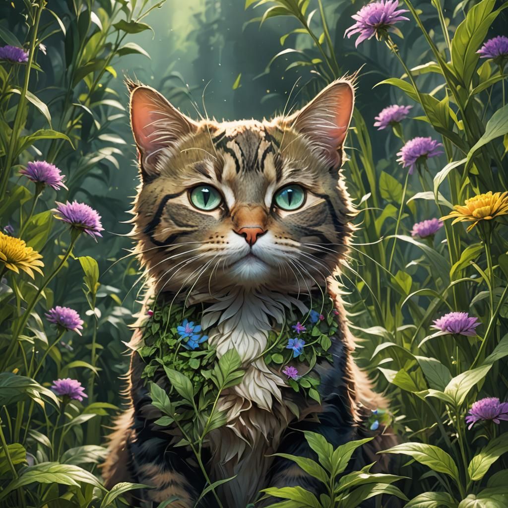 Cute Cat in Weed World: Hyperdetailed Portrait