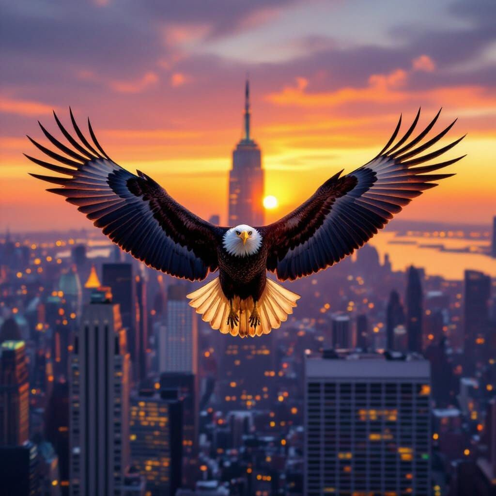 Majestic Eagle Soars Over NYC at Sunset in Hyperrealistic St...