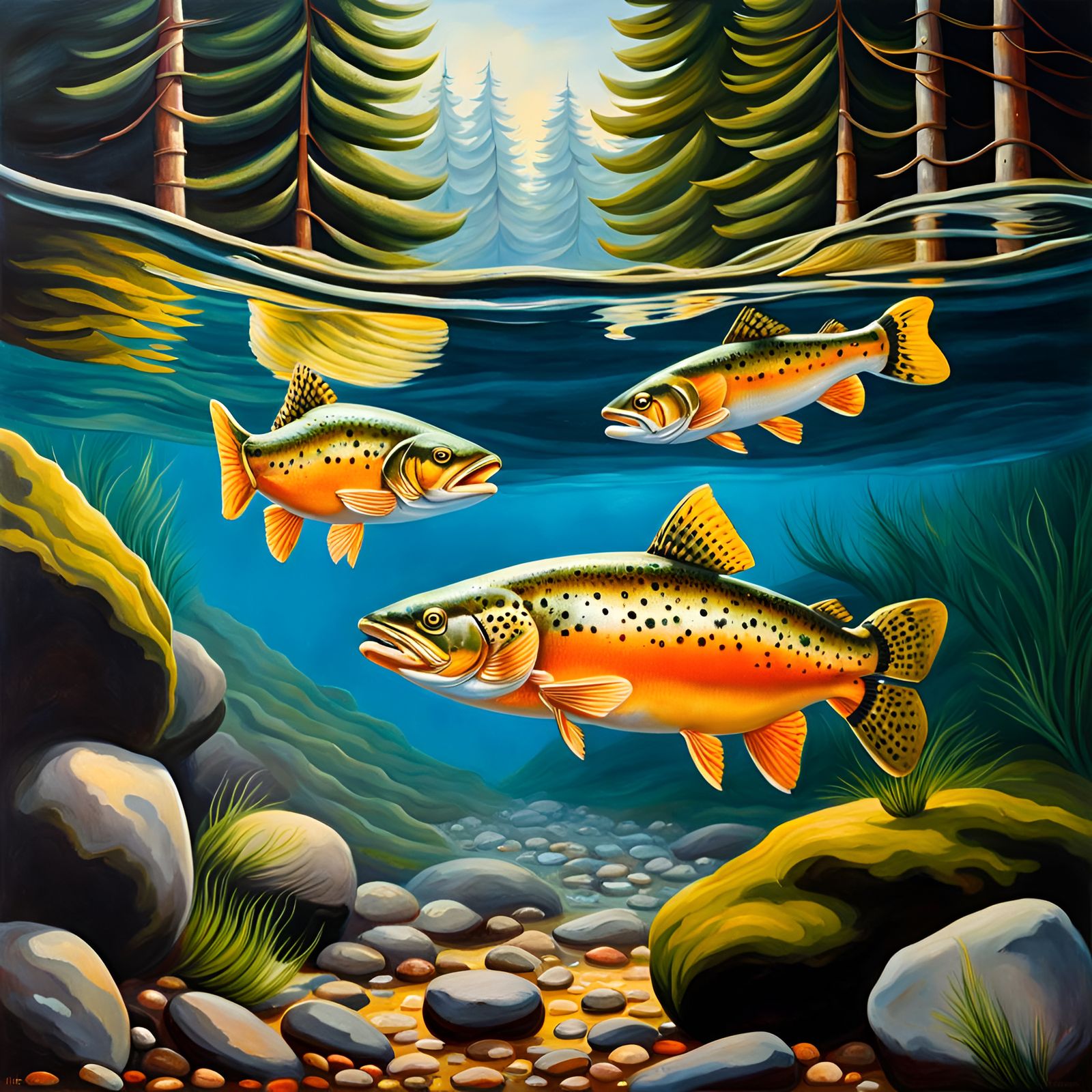Trout Underwater in Stony Stream: Realistic Oil Painting