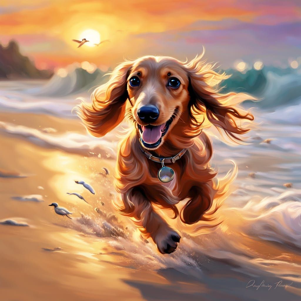 Dachshund Runs on Beach in Impressionistic Style