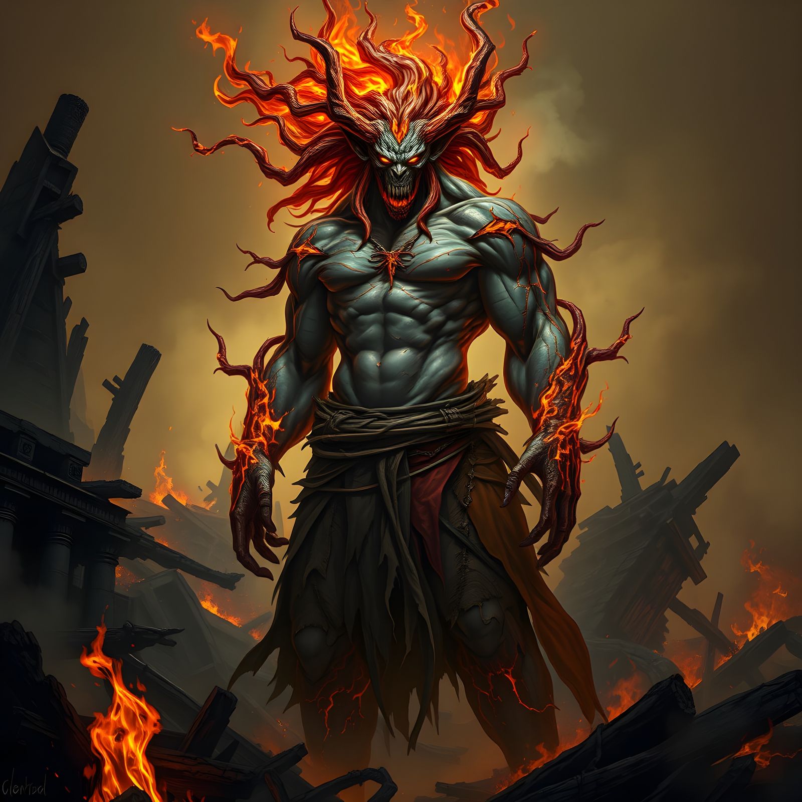 Towering Firbolg-Genasi Hybrid in Burning Ruins