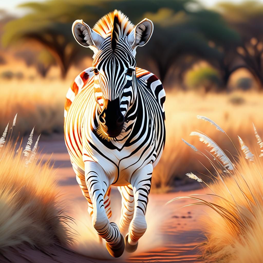 Albino Zebra Runs Through Savannah: Oil Painting