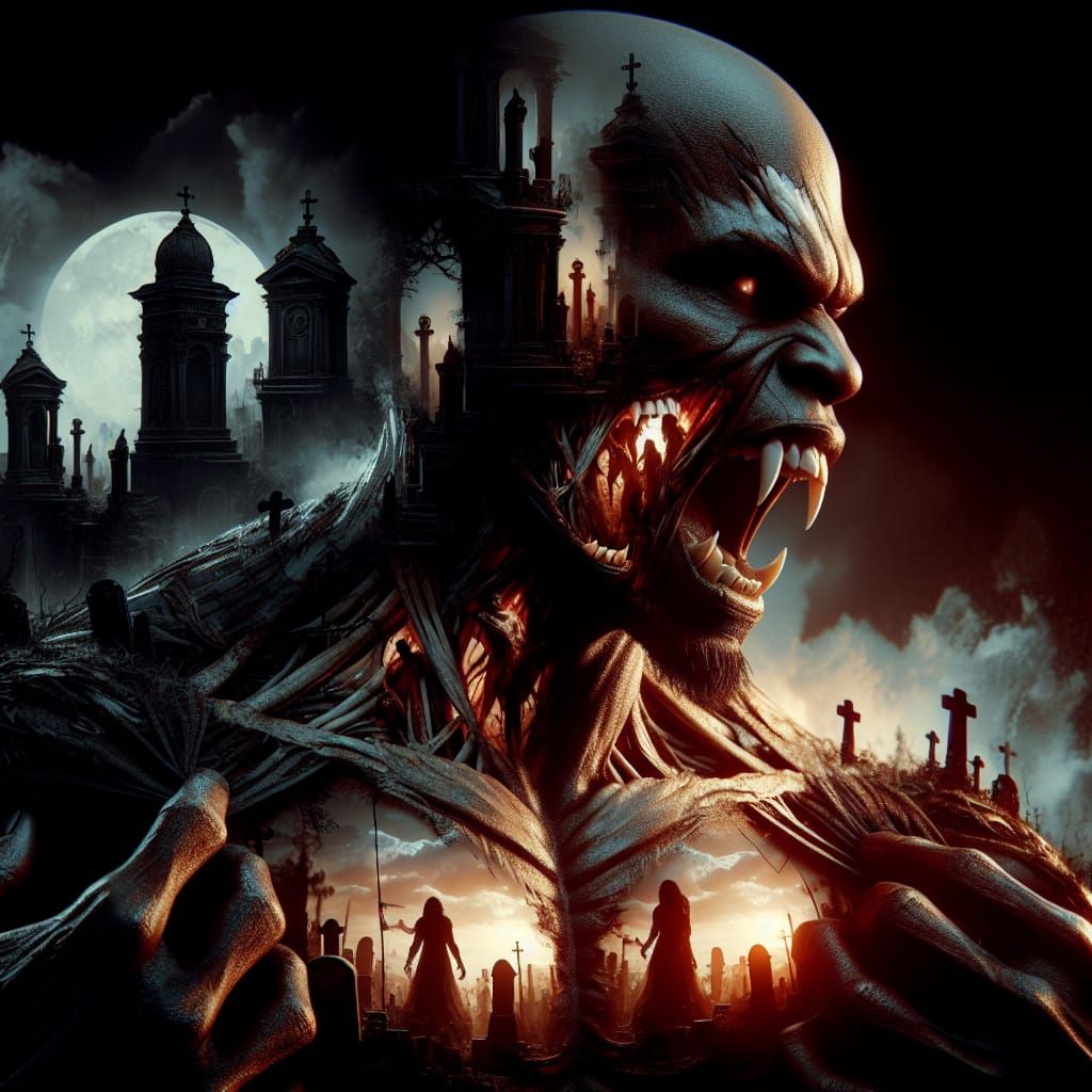 African Vampire in Graveyard Double Exposure Concept Art