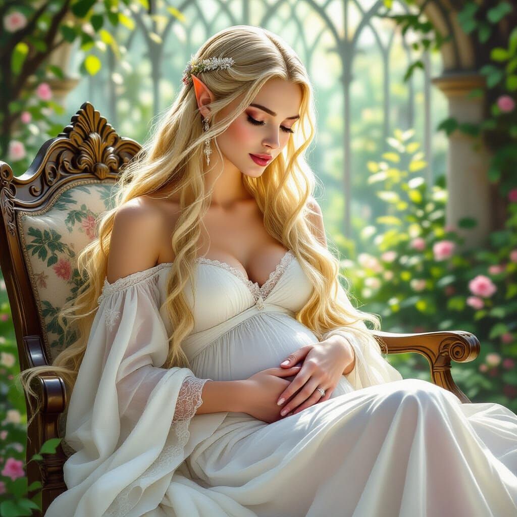 Ethereal Pregnant Galadriel in Gothic Elven Garden