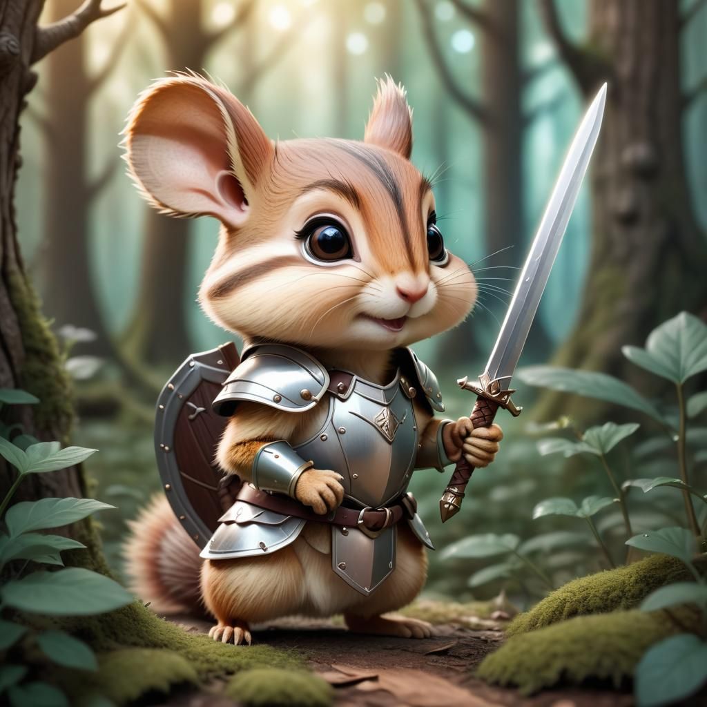 Chipmunk Paladin in Magical Forest: Whimsical DnD Illustrati...