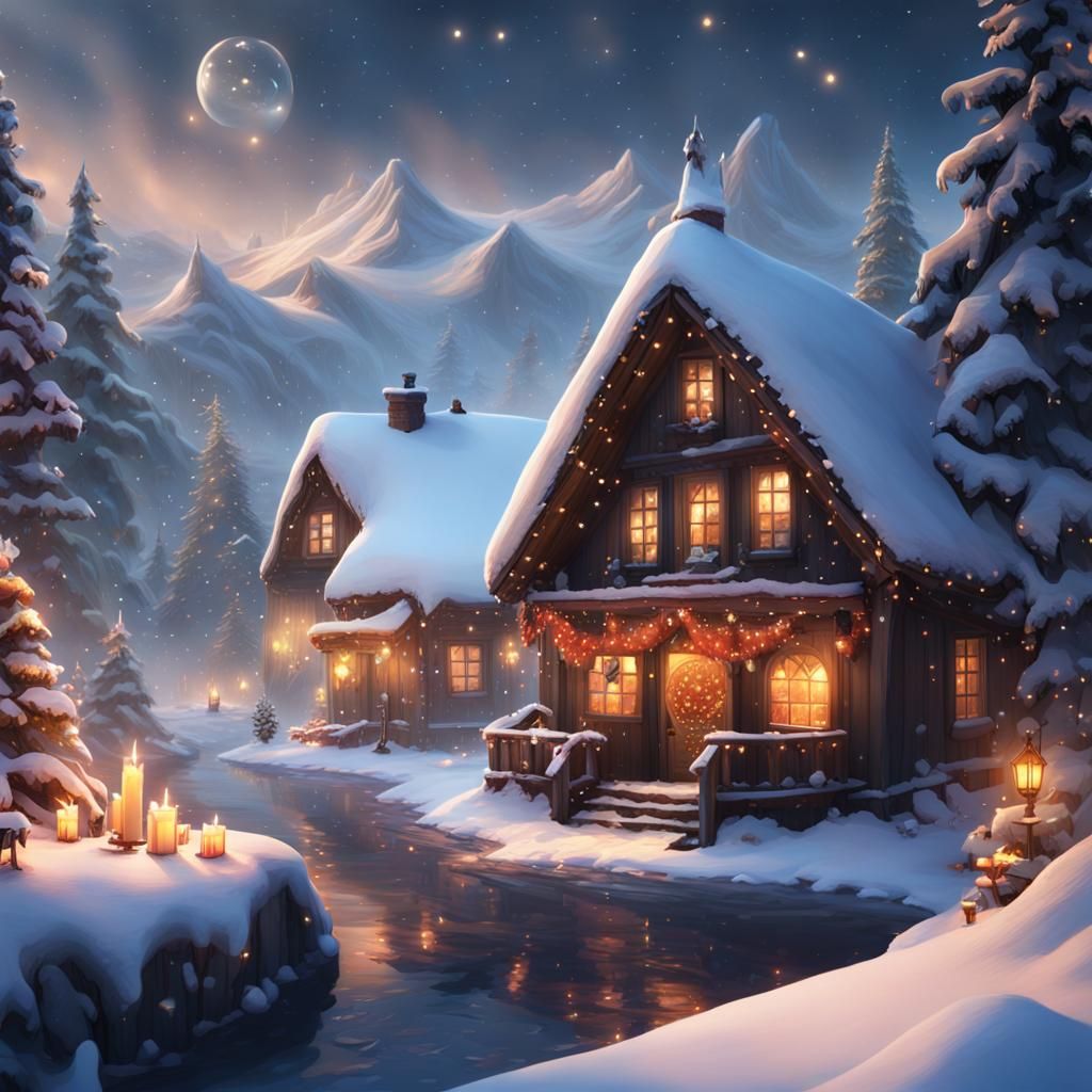 Cozy Winter Scene with Candles and Snow, Digital Art