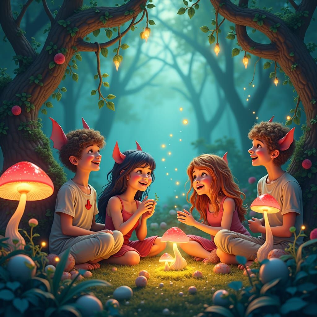 Joyful Gathering in Enchanted Forest: Fantasy Matte Painting