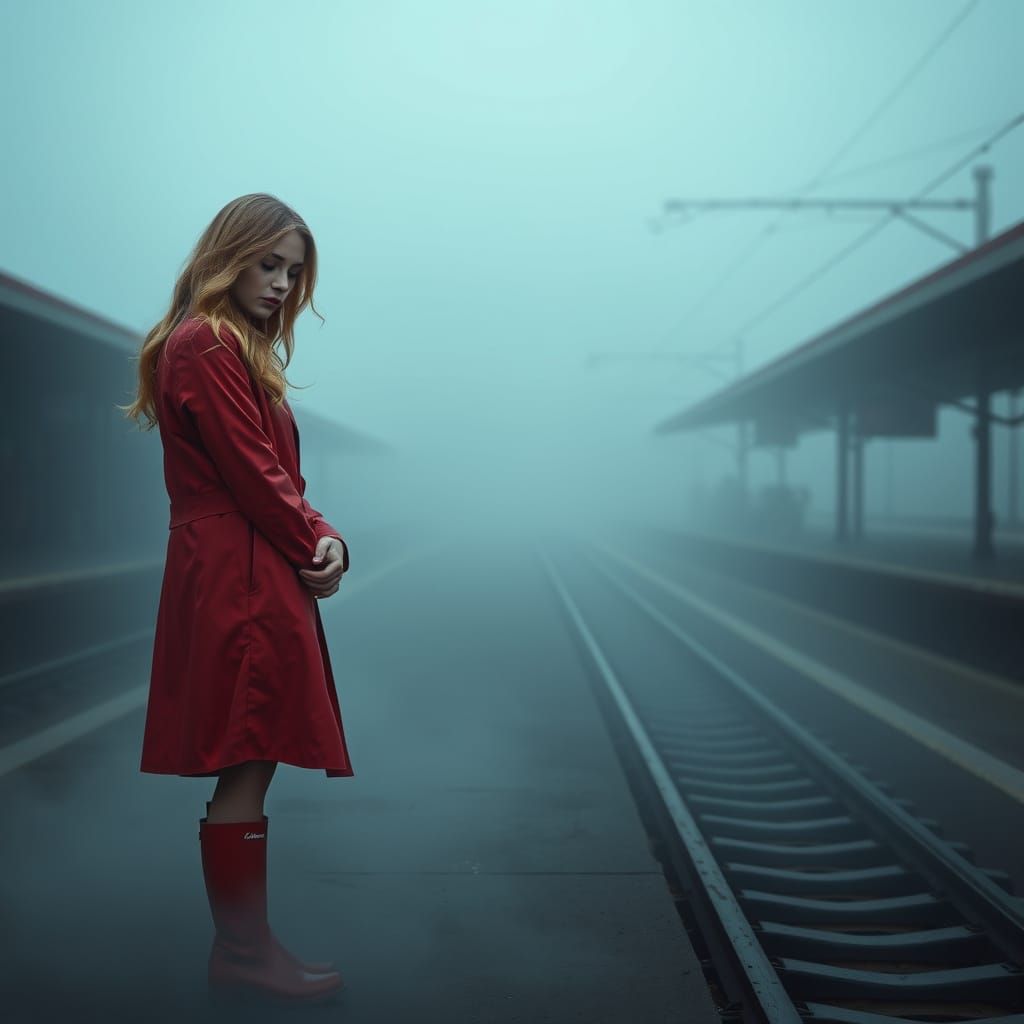 Ethereal Woman in Grey-Blue Mist, Train Platform