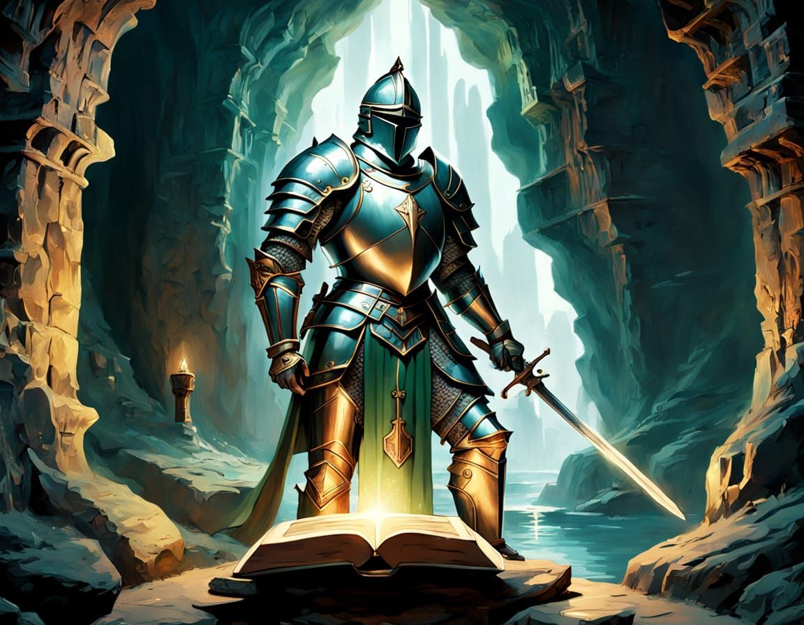 Medieval Knight in Ancient Cave with Glowing Sword