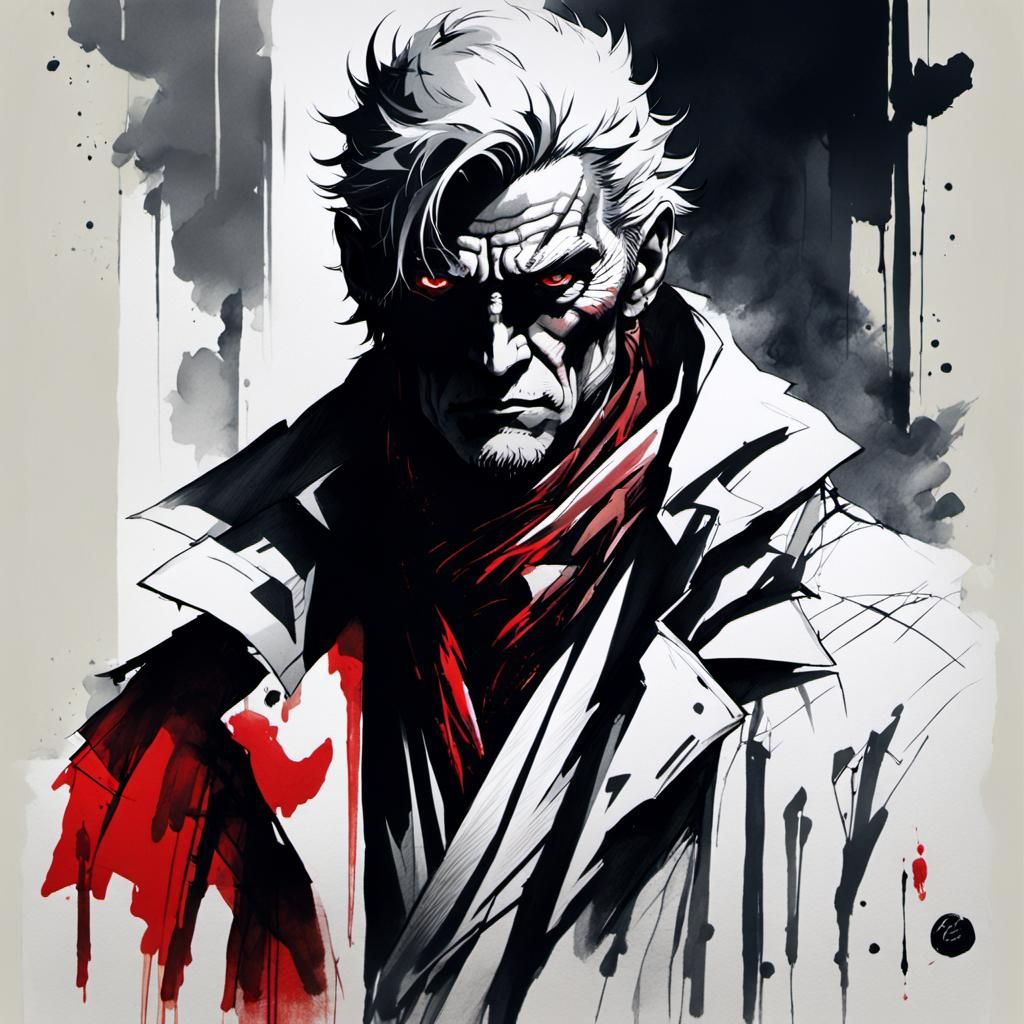 Mysterious Figure with Intense Gaze in Splash Art Style