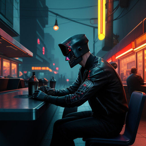 Lonely Diner in a Haunting Futuristic Cityscape at Night