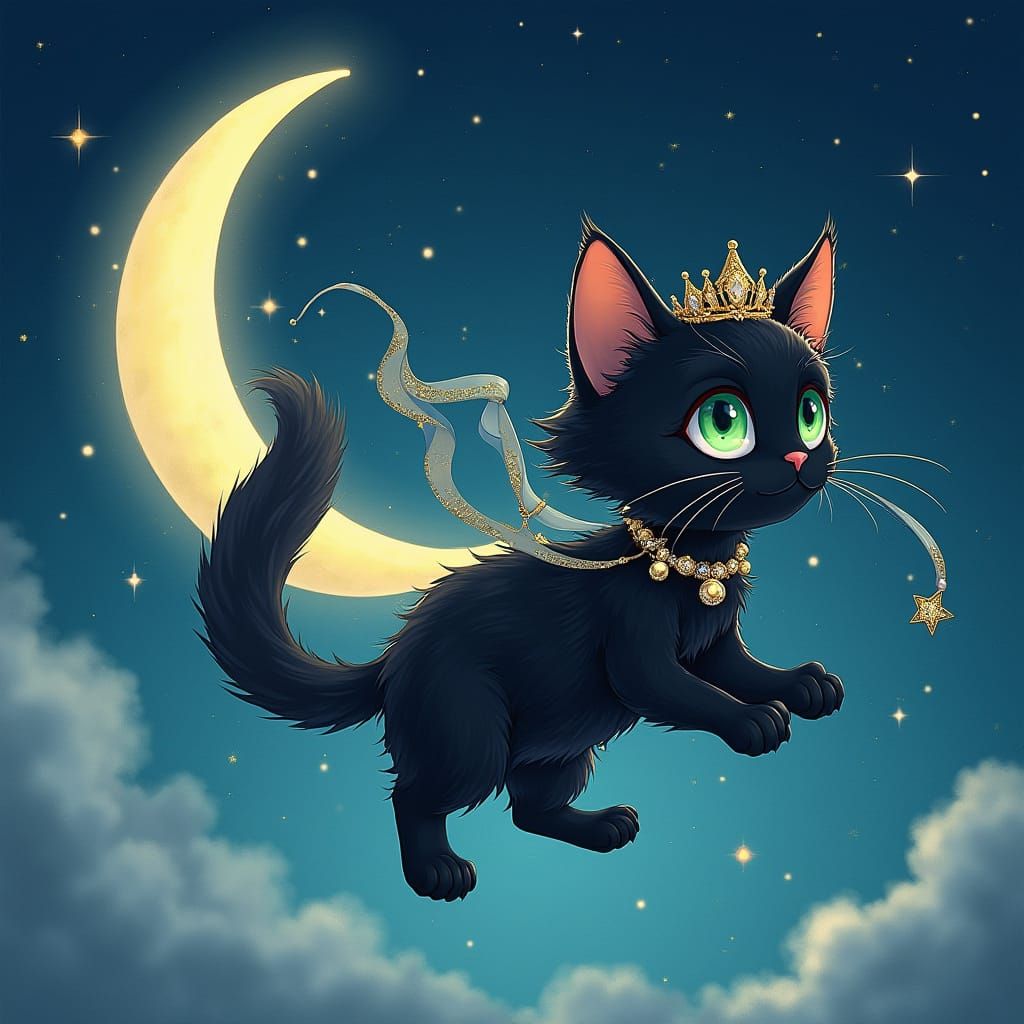 Magical Black Cat Flies on Crescent Moon in Starlit Sky
