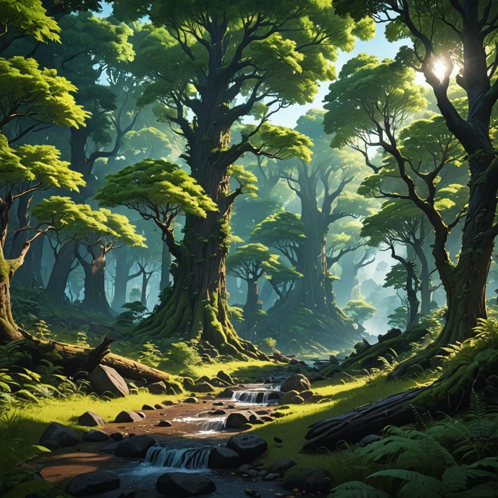 Anime Forest with Beautiful Weather, Detailed Matte Painting