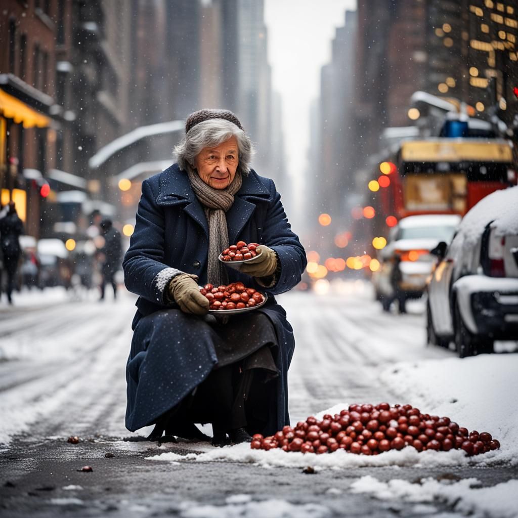 Ragged Woman Roasting Chestnuts in Snowy New York City