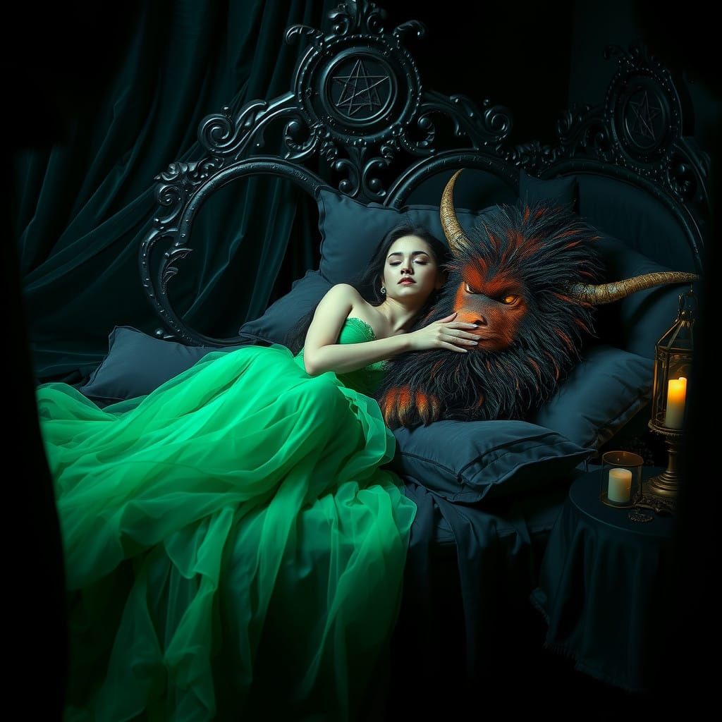 Mystical Black Gothic Scene with Witch and Daemon