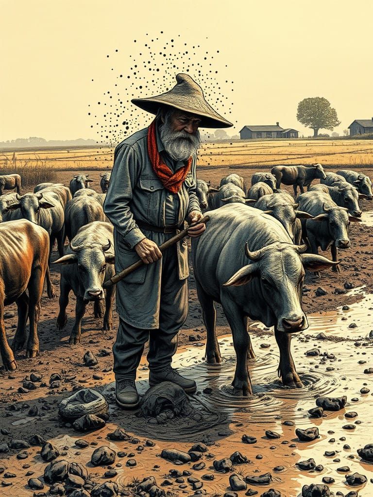 Farmer Tending Livestock in Muddy Field, Concept Art