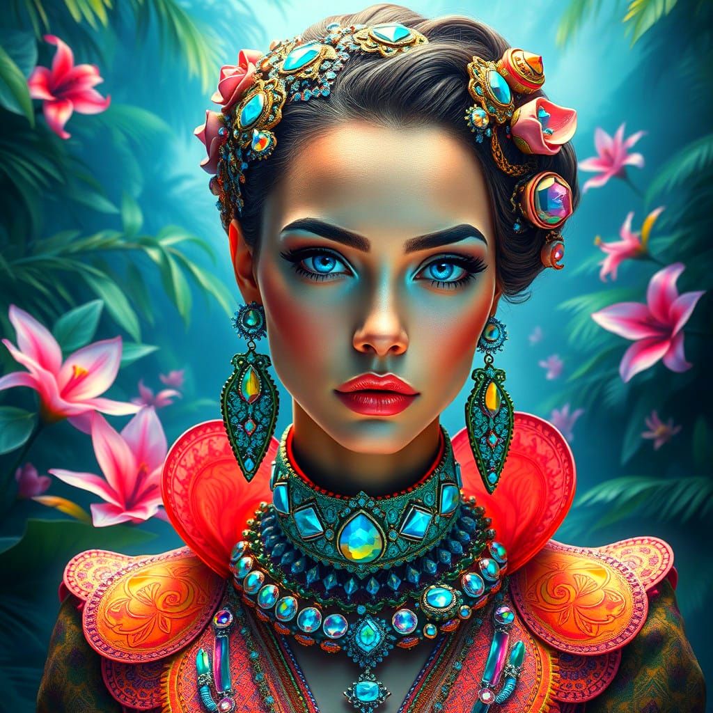Hyperrealistic Portrait of Woman in Tropical Setting