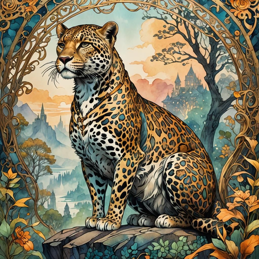 Art Nouveau Leopard Mage in Steampunk Landscape